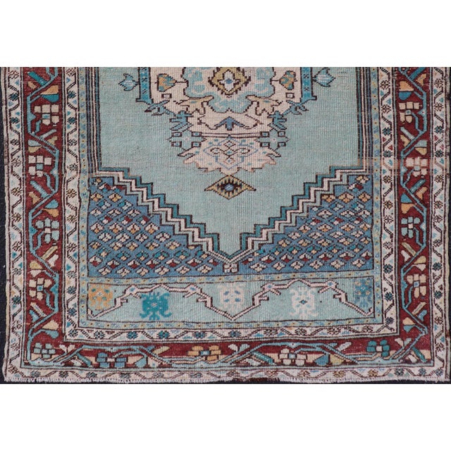 Robin's Egg Blue Vintage Turkish Oushak Rug With Vibrant Teal and Rich Maroon Accents For Sale - Image 8 of 10