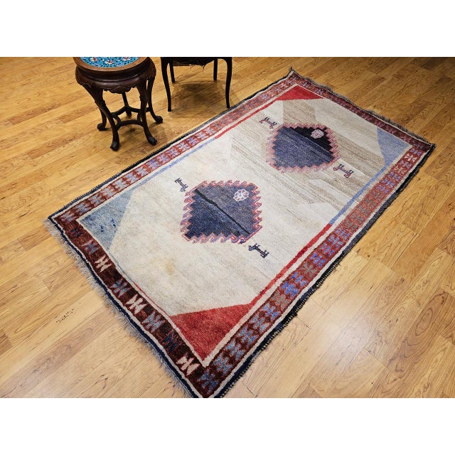 Vintage Persian Gabbeh Tribal Rug, Hand-Knotted Wool, Minimalist Diamond Design, Ivory & Gray, 4x7 For Sale - Image 14 of 15