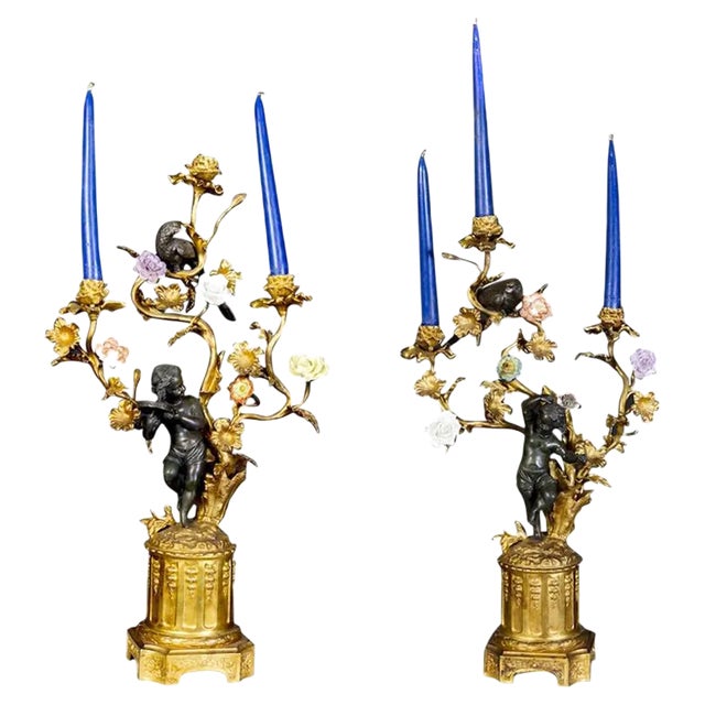 19th Century French Bronze and Gilt Candelabras, Set of 2 For Sale