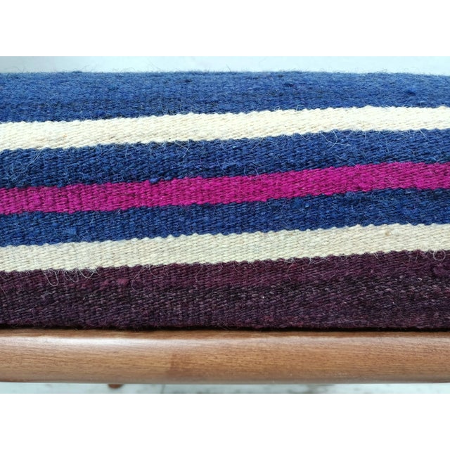Mid-Century Modern Striped Kilim Upholstered Walnut Footstool For Sale - Image 3 of 9