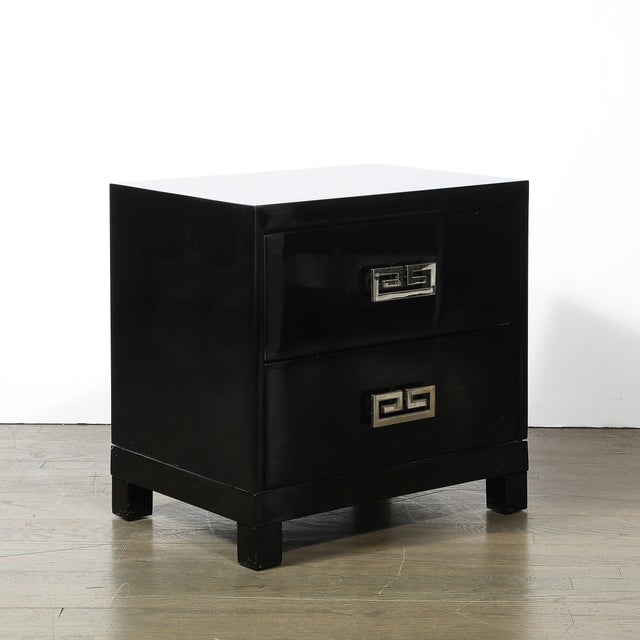 Mid-Century Modernist Rectilinear Nightstands in Black Lacquer With Greek Pulls For Sale - Image 10 of 11
