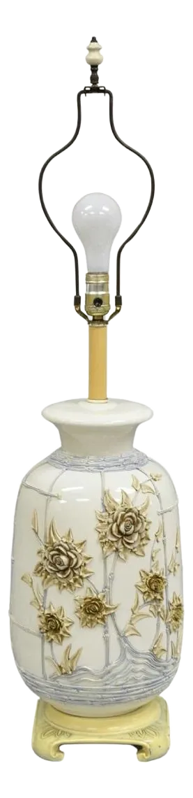 Mid 20th Century Vintage Chinoiserie White Porcelain Jardinere Table Lamp With Applied Flowers