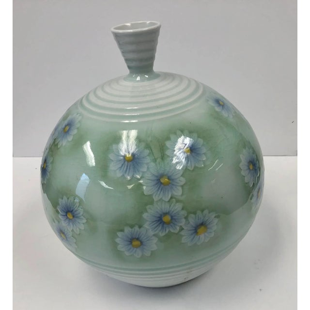 1990s Celadon Floral Daisy Vase For Sale - Image 5 of 5
