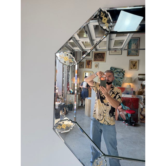 Art Deco Vintage Italian Venetian Style Octagonal Beveled Glass Wall Mirror With Etched Floral Accents For Sale - Image 3 of 17