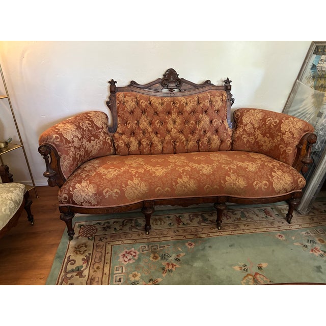 Terra Cotta Ornate Antique Victorian - Style Carved Wood Sette and Two Matching Chairs For Sale - Image 8 of 16