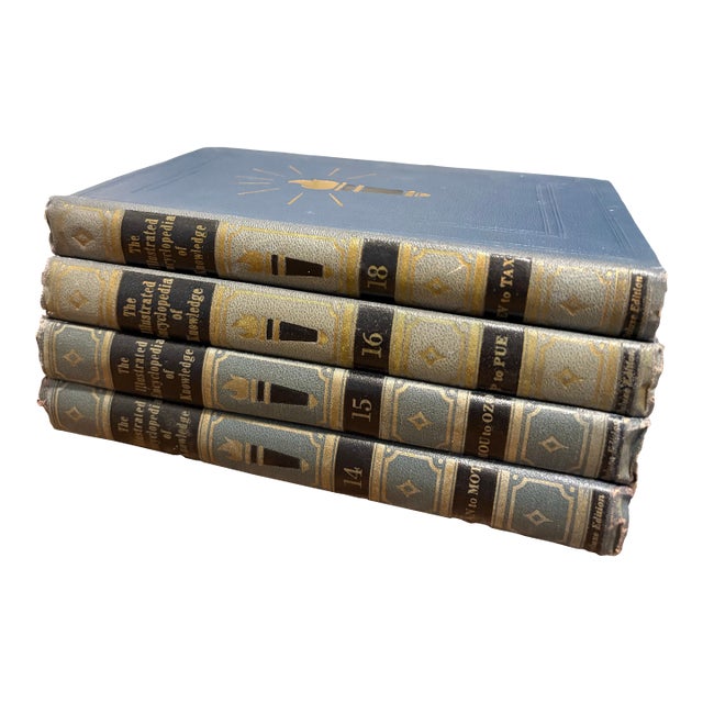 Vintage Monochromatic Silvery Blue/ Navy Encyclopedia Hardcover Stack - Set of 4 - Royal Octavo Format - Volumes 14-16 & 18 - Dark Academia Decor For Sale