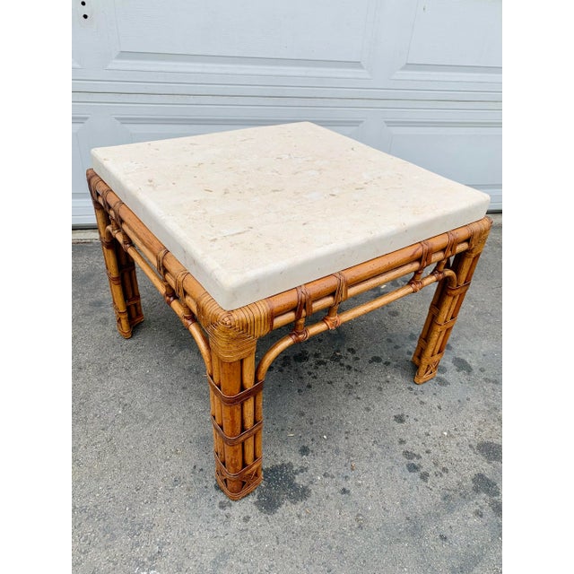 Wood Alexvale Tessellated Stone Top Rattan Base Side Table For Sale - Image 7 of 7