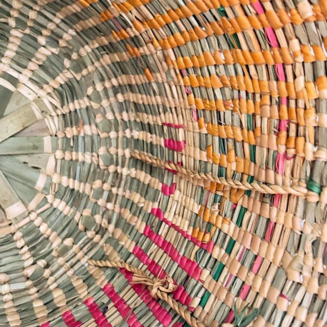 Textile Mexican Folk Art Woven Palm Basket With Handle Late 20th Century Vintage Handmade For Sale - Image 7 of 8