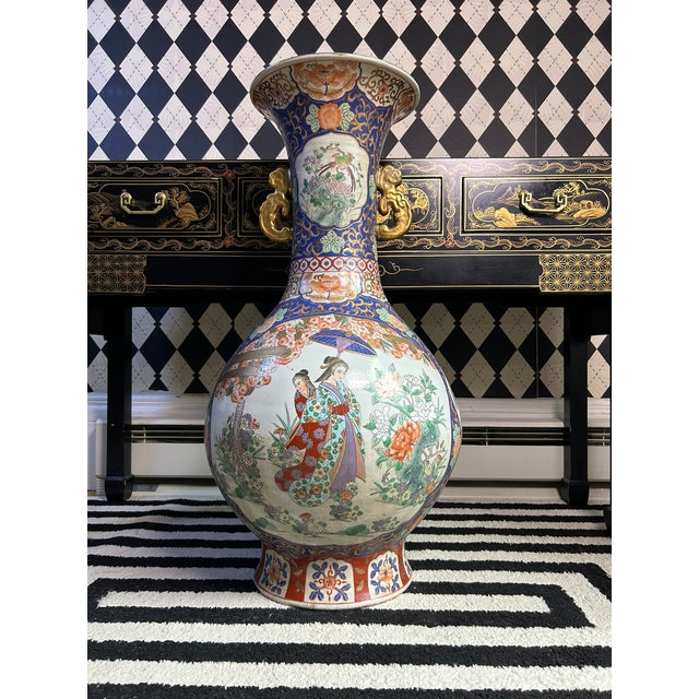 Pair of monumental (approx. 3 Ft) Chinese porcelain floor vases with cobalt blue ground and hand-painted figural...