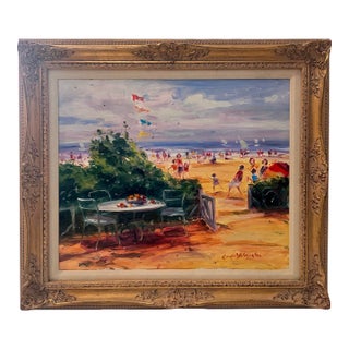 1990s A Day at the Beach Painting - Signed Unknown Artist For Sale