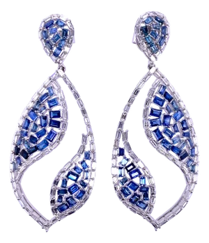 Exquisite Diamond and Blue Sapphire Baguette Earrings, A Pair