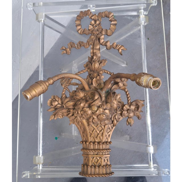 French 19thc XL French Louis XVI Bronze 2 Light Floral Basket Wall Sconce For Sale - Image 3 of 18