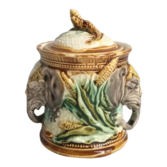 19th Century Majolica Elephant Tobacco Jar Onnaing For Sale