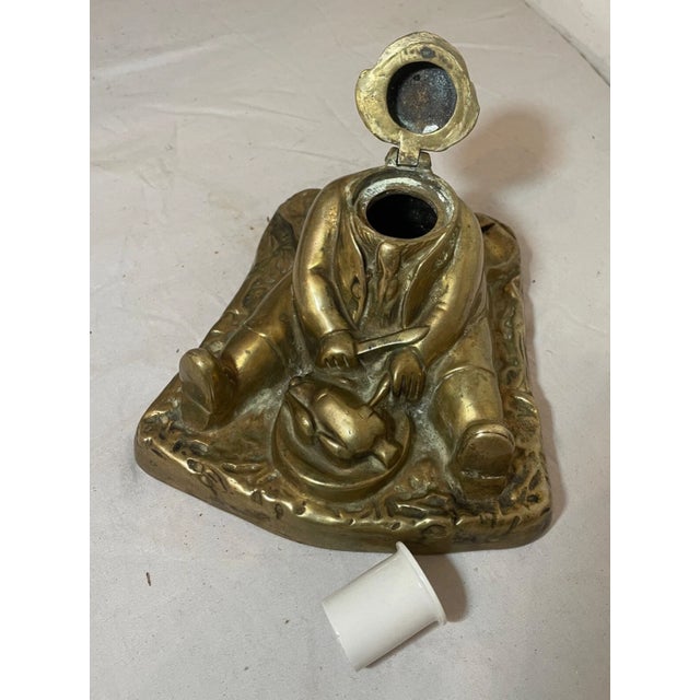 Large Antique Solid Bronze Brass Figural Writing Fat Man Eating Turkey Inkwell For Sale - Image 11 of 13