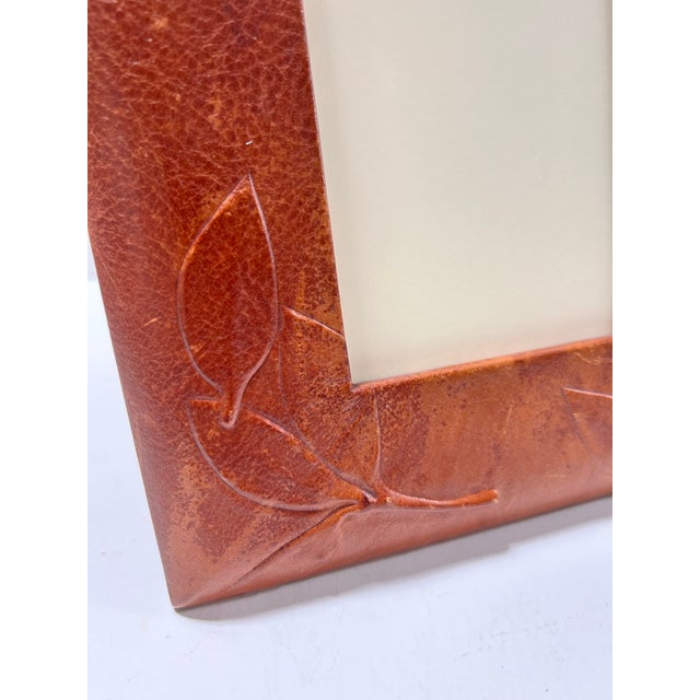 Glass Vintage Tooled Leather Picture Frame With Leaf Motif, Holds 4x6 Photo For Sale - Image 7 of 12