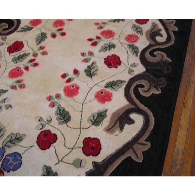 American 1900s Ivory Floral Folk Art Antique American Hooked Rug 6'4" X 9'10" Handknotted Wool Carpet For Sale - Image 3 of 6