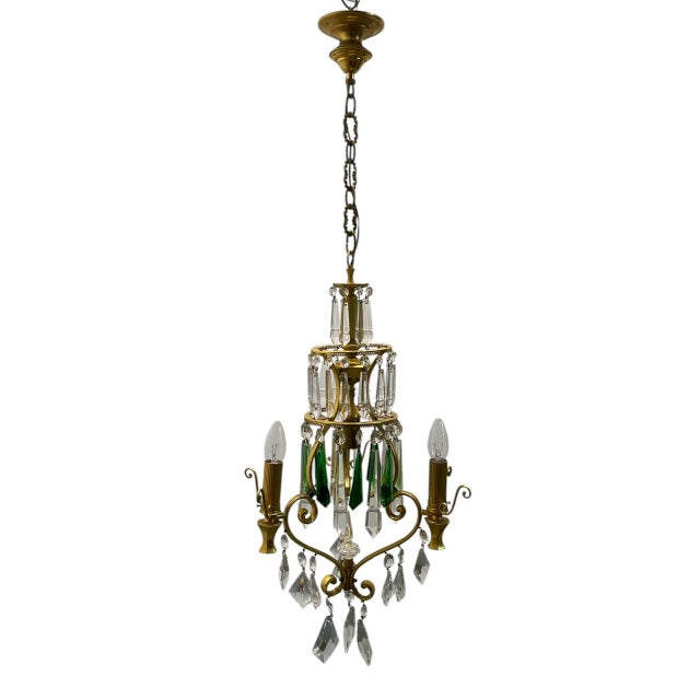 Brass and Green Crystal Chandelier, 1960s For Sale - Image 10 of 12