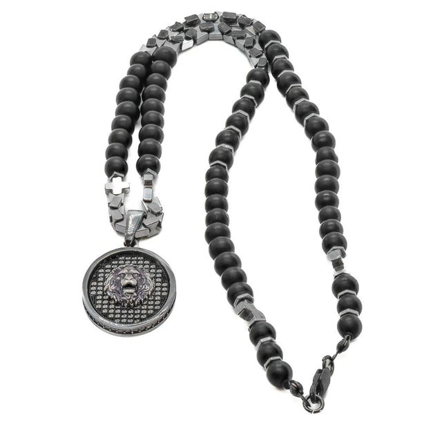 Early 21st Century Black Onyx and Silver Lion Men's Beaded Necklace For Sale - Image 5 of 8