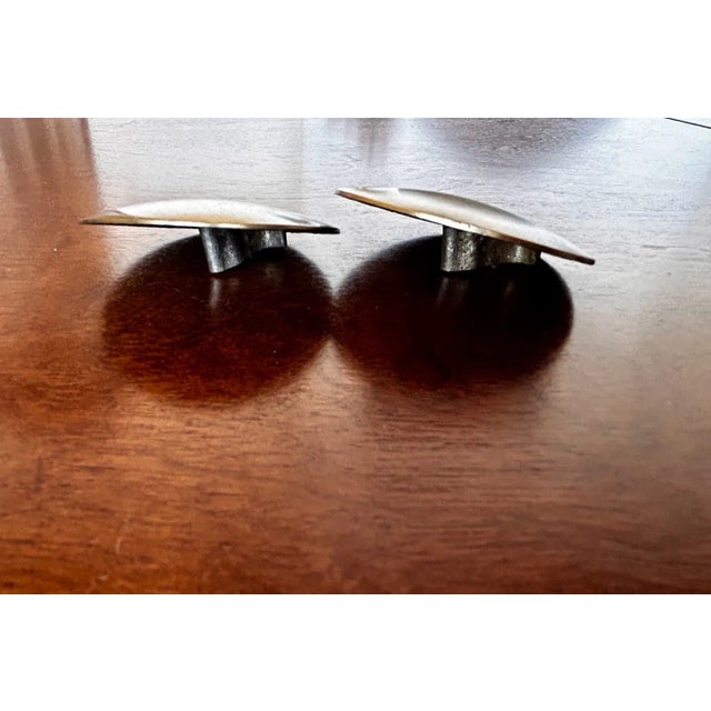Mid-Century Modern Vintage Mid 20th Century Round European Brass Angled Drawer Pulls - a Pair For Sale - Image 3 of 5