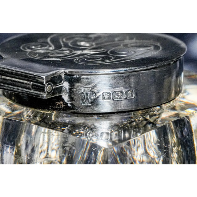 1910s Elegant Large Antique Paperweight Crystal Sterling Silver English Desk Inkwell For Sale - Image 5 of 15