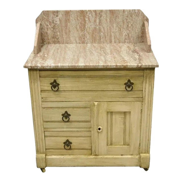 Antique Eastlake Victorian Pink Marble Backsplash Washstand Nightstand Cabinet For Sale