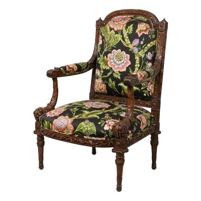 20th-C. French Louis XVI Style Carved Fruitwood Bergere Arm Chair For Sale