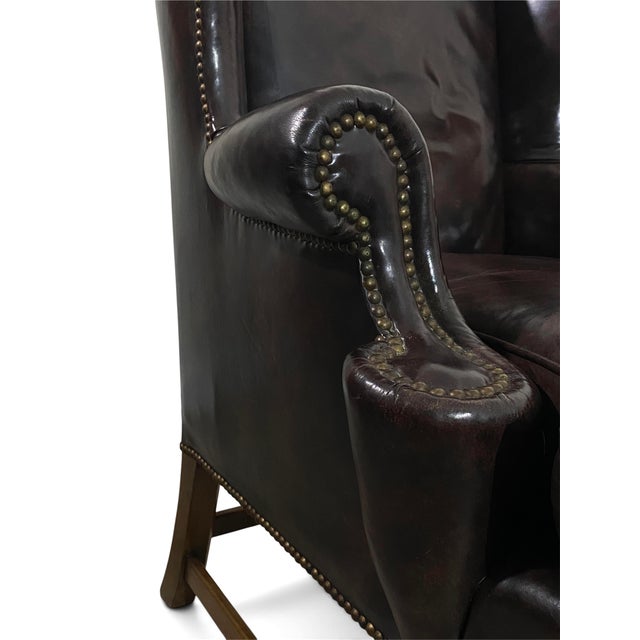Vintage Baker Furniture Georgian Style Brown Leather Wingback Armchair For Sale In Miami - Image 6 of 13