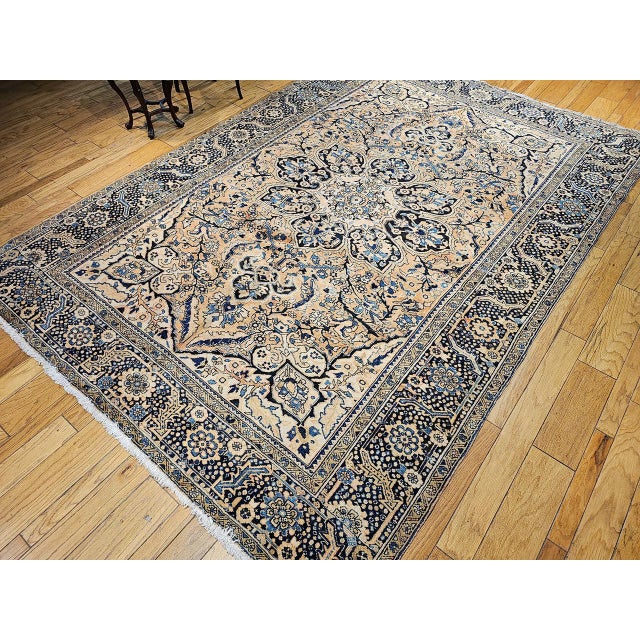Textile Vintage Persian Heriz Rug, Hand-Knotted Wool, Geometric Medallion Pattern,Tan & Navy, 9x13 For Sale - Image 7 of 18