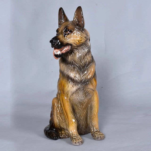 Animal Skin Italian Made Hand Painted and Glazed Terra Cotta Near Life Size German Shepherd For Sale - Image 7 of 13