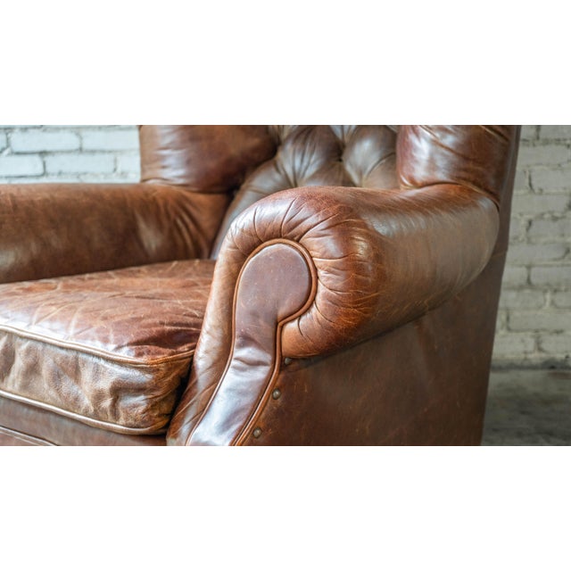 2000 - 2009 Restoration Hardware Churchill Cigar Leather Luxe Writer's Chair and Ottoman For Sale - Image 5 of 13