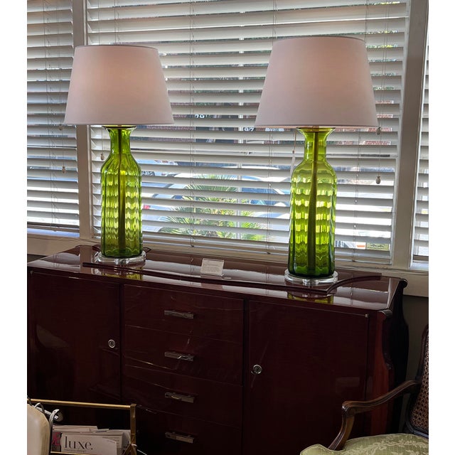 Olive Large Pair Blenko Mid Century Olive-Green Ribbed Vases Now as Lamps For Sale - Image 8 of 8