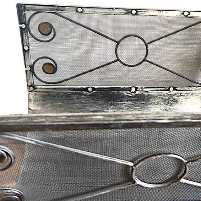 Art Deco Style Silver Toned Metal Mesh Firewood Holder Scrolling Metal Amber Glass Medallions For Sale - Image 4 of 9