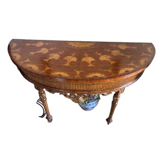 Vintage Louis XVI Style Giltwood Marquetry Demilune Console Table For Sale