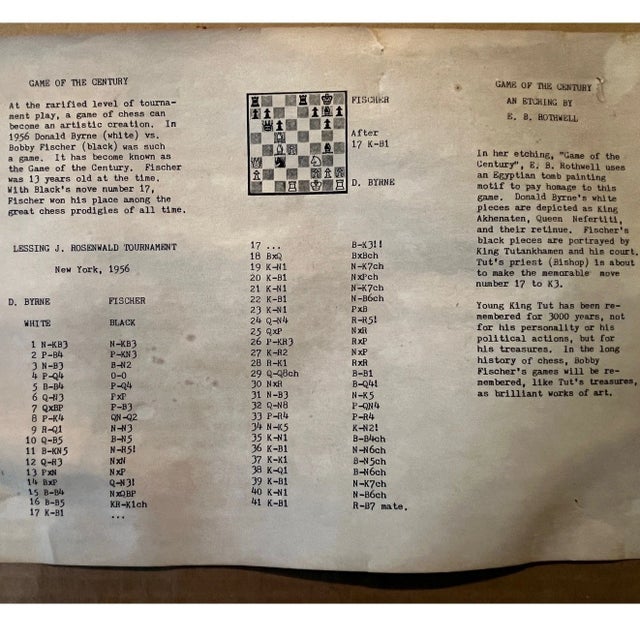 Paper Mid 20th Century E.B. Rothwell "Game of the Century" Signed Etching 61/75 Bobby Fischer Chess For Sale - Image 7 of 8