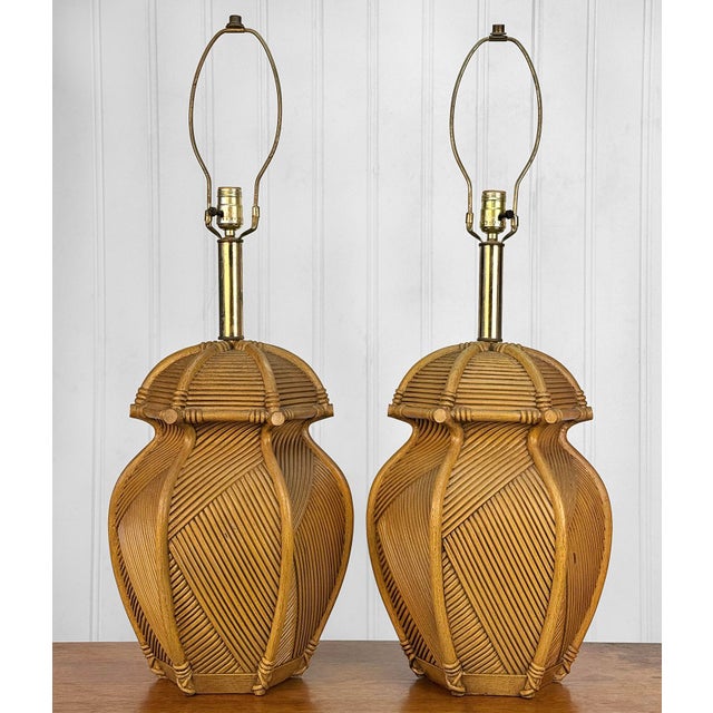 Chinoiserie Vintage Coastal Chinoiserie Faux Rattan Pagoda Table Lamps - A Pair For Sale - Image 3 of 12