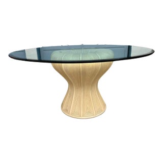 1980s Vintage Ficks Reed Split Reed & Glass Top Pedestal Dining Table For Sale