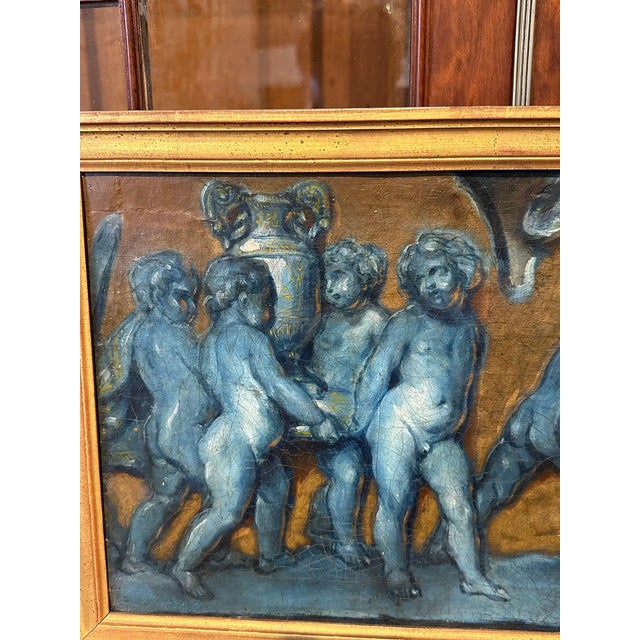 Textile Three Early 19th Century Italian Grisaille Paintings of Putti For Sale - Image 7 of 8