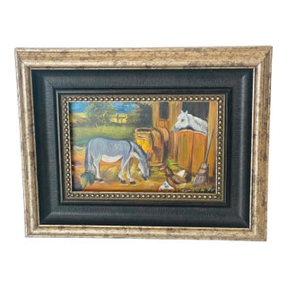 1950s Original Art Signed Folk Art Country Barn Scene For Sale