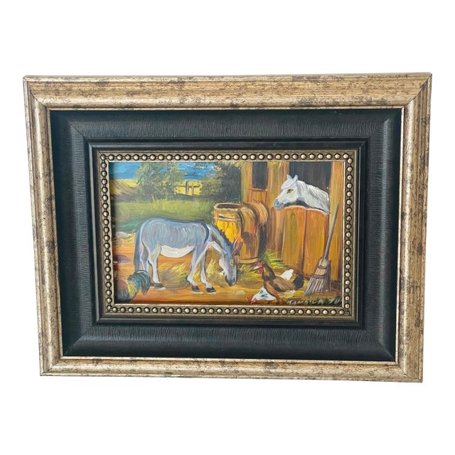 1950s Original Art Signed Folk Art Country Barn Scene For Sale