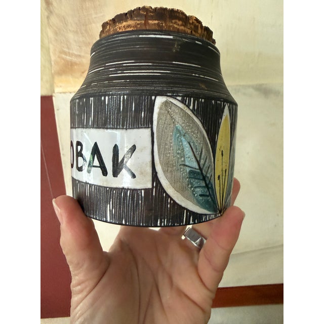 Vintage Italian Tobak Jar With Cork Lid | Mid-Century Modern Pottery Tobacco Canister | Hand-Painted Foliage Motif For Sale - Image 9 of 12
