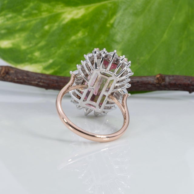 Silver 9.2Ct Bi-Color Tourmaline Ring With Lab Diamond Accents: Solid 14k Gold, 16x9mm, Size 6.75 For Sale - Image 8 of 9