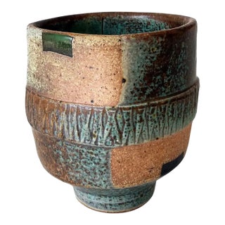 1990s Hand-Crafted Postmodern Studio Art Pottery Vase in Green, Brown, Tan For Sale