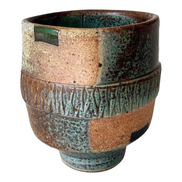 1990s Hand-Crafted Postmodern Studio Art Pottery Vase in Green, Brown, Tan For Sale