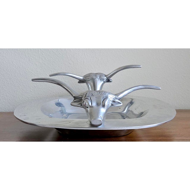 Silver Vintage Mid-Century Modern Longhorn Bull Cast Aluminum Serving Tray – Western Barware / Decorative Catchall For Sale - Image 8 of 17