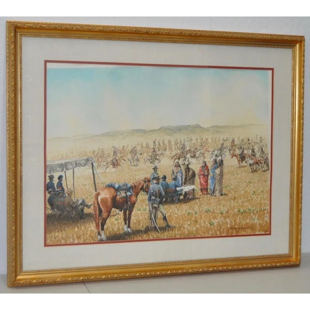 Tom Scarborough "Peace Treaty" Watercolor c.1970s Highly detailed watercolor by noted western painter Tom Scarborough. Tom...