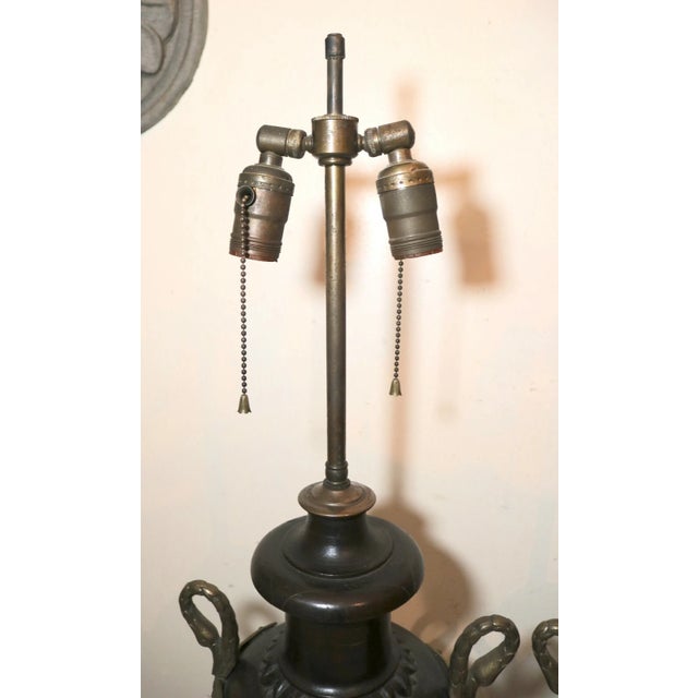 1940s Pair of 2 Large Antique Hand Carved Wood Brass Swan Sculpture Urn Style Lamps For Sale - Image 9 of 12