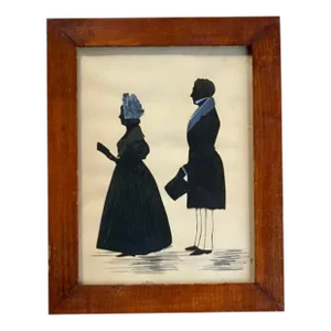 Antique American Matrimonial Double Silhouette Portrait, Cut Paper With Over-Painted Details, Original Birdseye Maple Frame, Early 19th Century