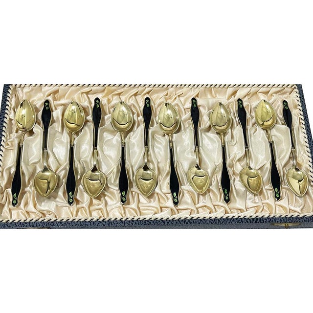 Enamel and Gilt Silver Teaspons by Gustav Hellstrøm, Norway, 1890s, Set of 12 For Sale - Image 6 of 11