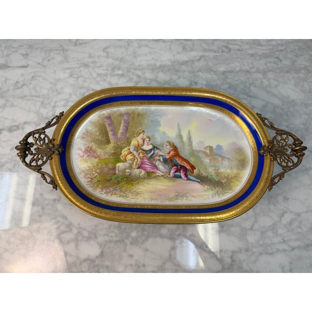 Vintage Hutschenreuther Bavaria Porcelain Vanity Tray – Fragonard Courting Scene With Cobalt & Gold Ormolu-Style Rim For Sale In West Palm - Image 6 of 7