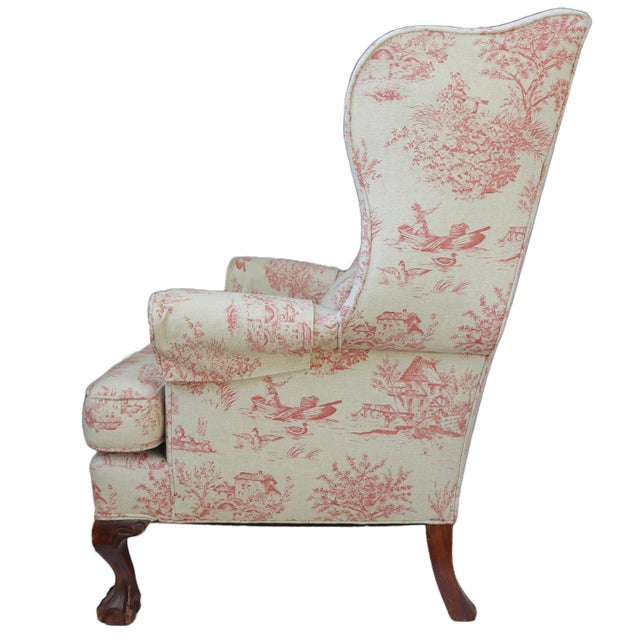 Queen Anne Style Wingback Armchair in Red Toile De Jouy For Sale - Image 4 of 14